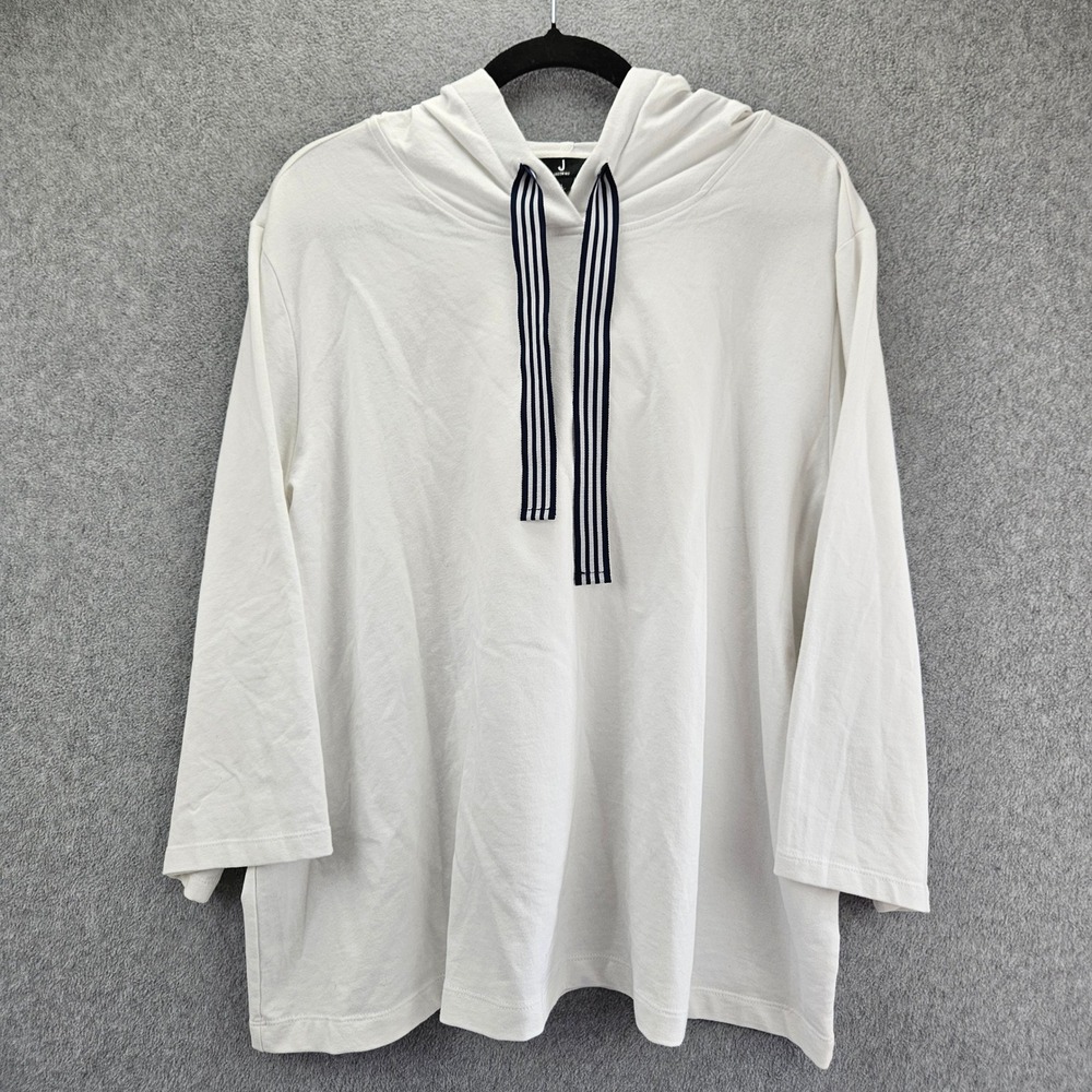 J JASON WU | Womens XL White Hoodie 3/4 Sleeve Striped Drawstring Knit Top